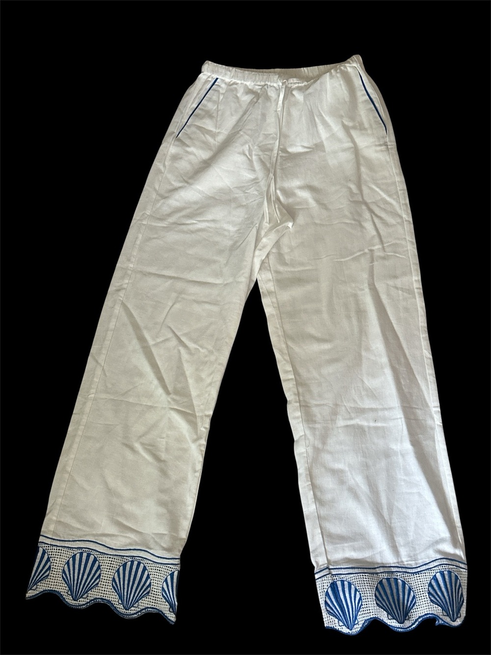 Rails White Linen-Blend Pants with Blue Shell Hem